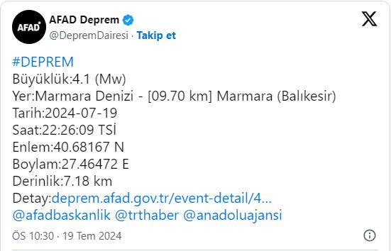 AFAD duyurdu: Balıkesir'de deprem! Tekirdağ, Bursa ve İstanbul'da da hissedildi