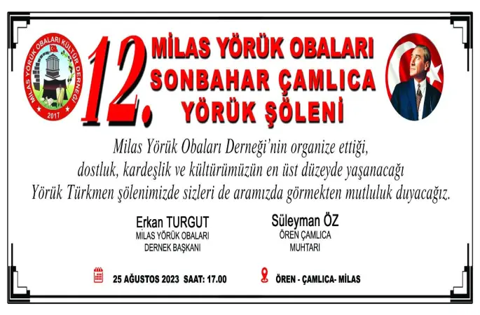 Milas Yörük Obaları Derneği ve Ören Çamlıca Muhtarı nın Organize ettiği   12 .MİLAS YÖRÜK OBALARI  ÇAMLICA TOYUMUZA 25 Ağustos'da  2023 de davetlisiniz. (OKUNTULUSUNUZ )