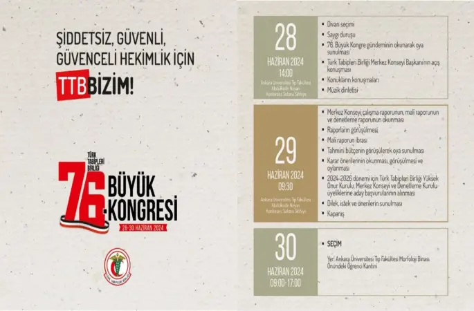 28-29-30 Haziran 2024 TTB 76. Büyük Kongre Duyurusu Türk Tabipleri Birliği yarın yeni yönetimini seçiyor