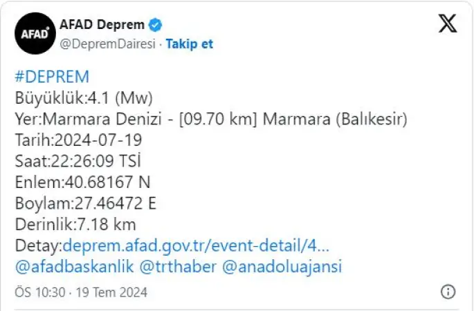 AFAD duyurdu: Balıkesir'de deprem! Tekirdağ, Bursa ve İstanbul'da da hissedildi