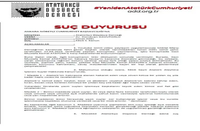 ATATÜRKÇÜ DÜŞÜNCE DERNEĞİNDEN İSMET ÖZEREN' E SUÇ DUYURUSU