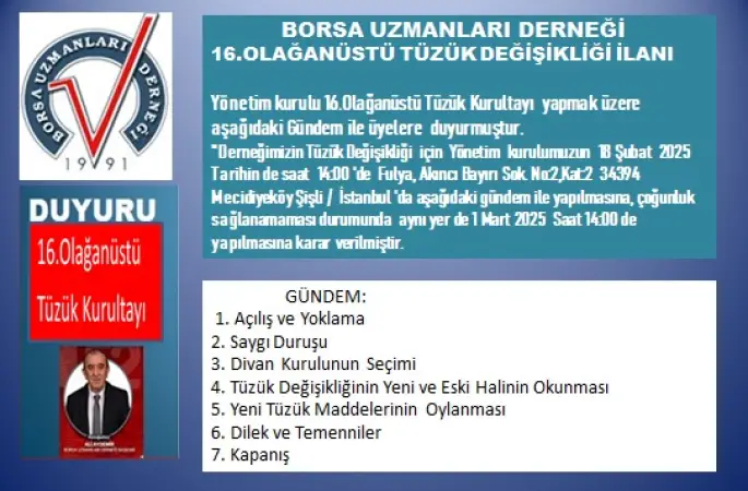 BORSA UZMANLARI DERNEĞİNDEN TÜZÜK DEĞİŞİKLİĞİ