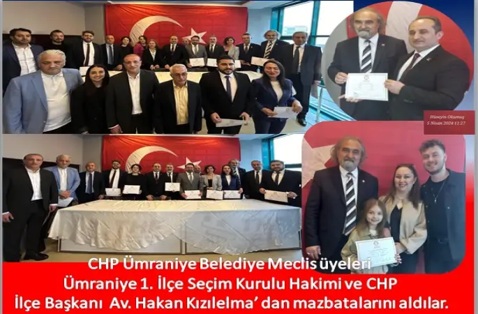CHP Ümraniye Belediye Meclis üyelerimiz; Ümraniye 1. İlçe Seçim Kurulu Hakiminden ve CHP Grup Başkanı sıfatıyla İlçe Başkanımız Av. Hakan Kızılelma’ dan mazbatalarını teslim aldılar.