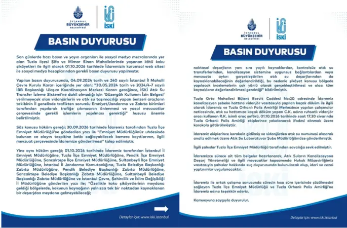 İBB İSKİ BASIN DUYURUSU: Tuzla İlçesi Şifa ve Mimar Sinan Mahallelerindeki Koku Şikâyetleri ve Kaçak Döküm Operasyonu Hakkında